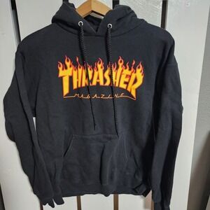 Thrasher Magazine Hoodie Sweatshirt Mens Small Black Orange Flame Skater‎